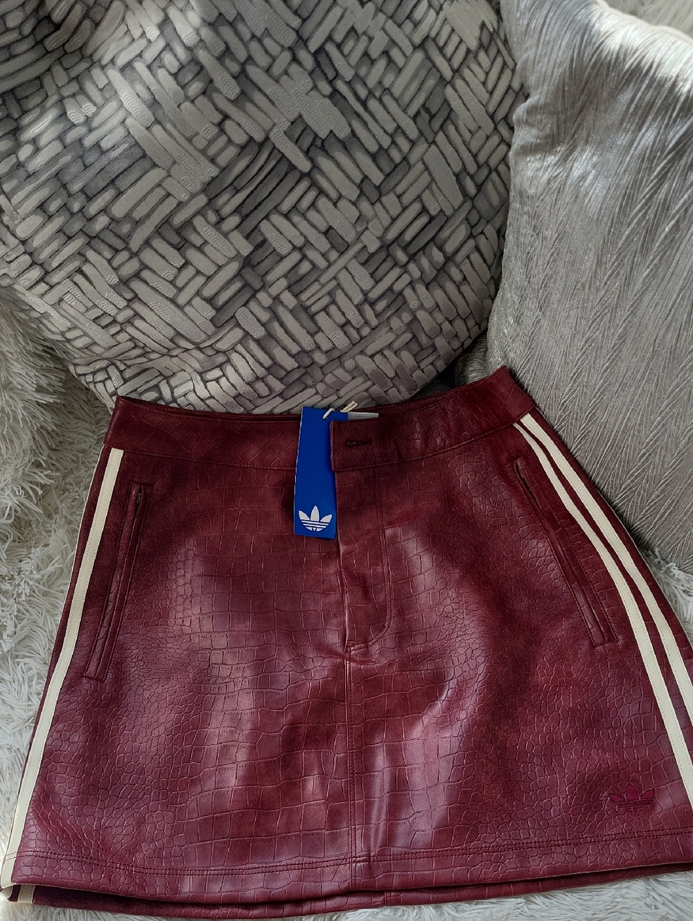 Adidas Burgundy Croc-Embossed Faux Leather Mini Skirt with White Stripes LIMITED